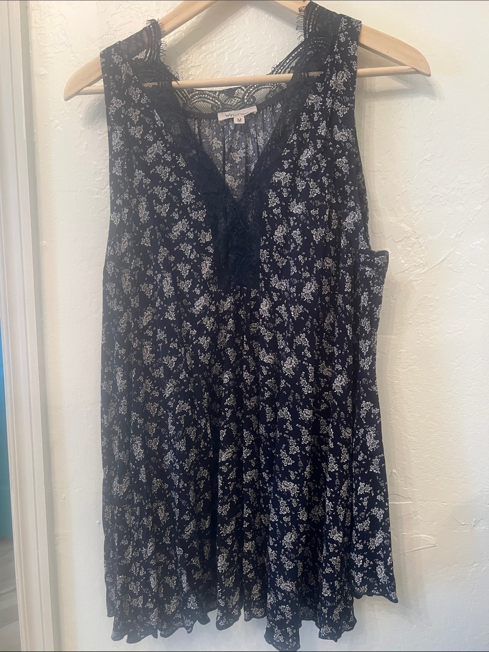 Navy Dress with White Floral Print and Lace V-Neck